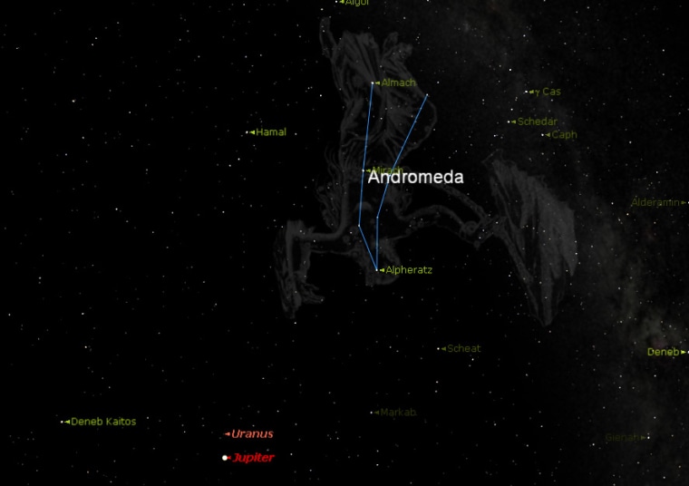 This sky map shows how to find the constellation Andromeda high above Jupiter. The constellation is home to the Andromeda Galaxy, which appears as a fuzzy patch above the star Mirach (labeled here) to the naked eye.